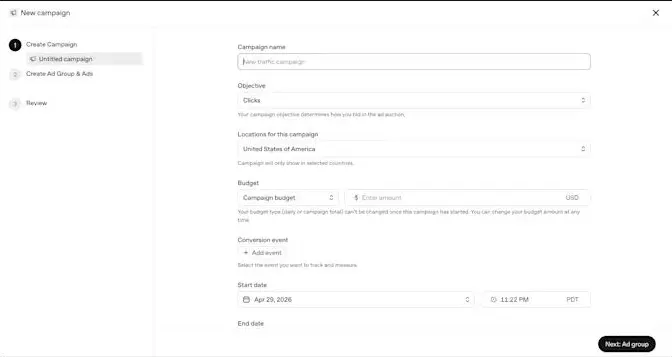 Interface OpenAI Ads Manager pour créer une campagne ChatGPT Ads avec objectif, ciblage et budget