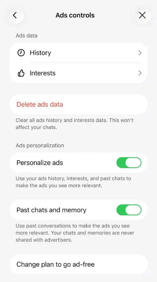 Réglages de confidentialité et de personnalisation des publicités dans ChatGPT